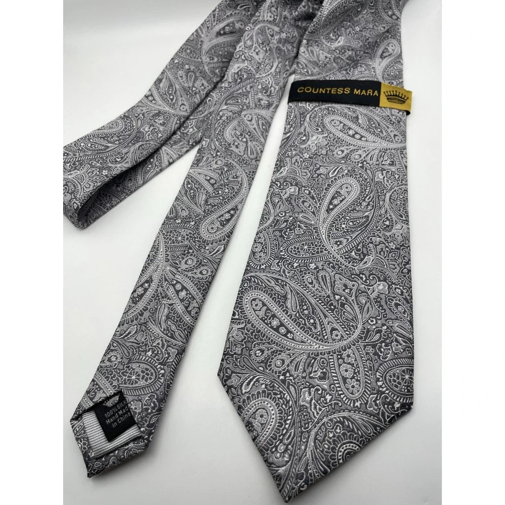 Countess Mara Augustin Tonal Paisley Silk Necktie Silver Grey Hand Made New